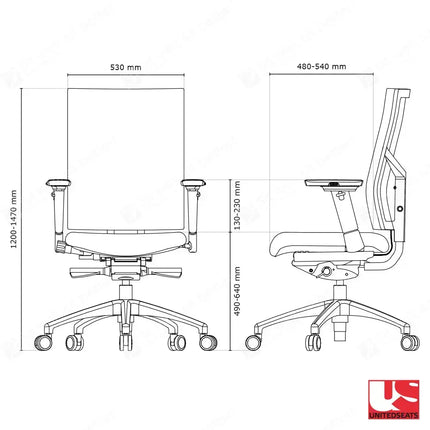 Technical drawing of a office chair with dimensions on a white background