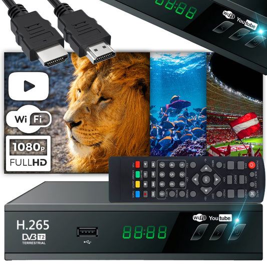 USB 5V Full HD DVB-T2 Terrestrial TV Tuner Decoder with Antenna, Remote Control, and HDMI Cable - ER1238 - Carlat