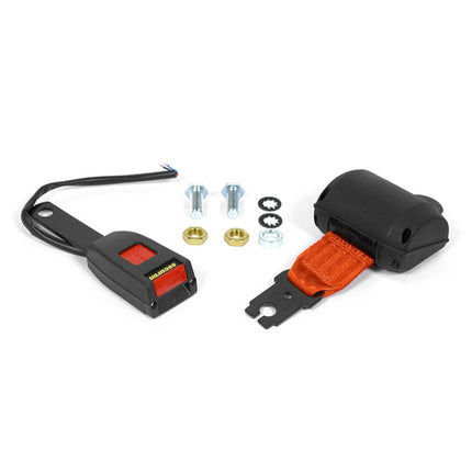 Car seat belt assembly with hardware on a white background