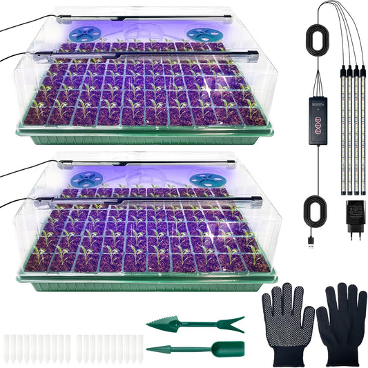 VEEKAY Indoor Greenhouse Propagation Box, 2 Pieces, 120 Hole Mini Greenhouse Propagation Set with Plant Lamp, Propagation Plate with Timing Controller, Adjustable Brightness, 20 Plant Labels for - Carlat