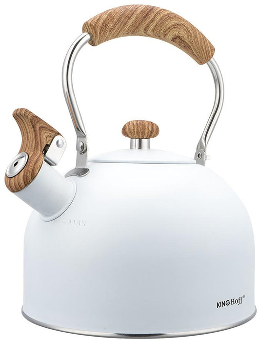 Whistling kettle, 2.5 L, white, with a wood-look handle, Kinghoff - Carlat