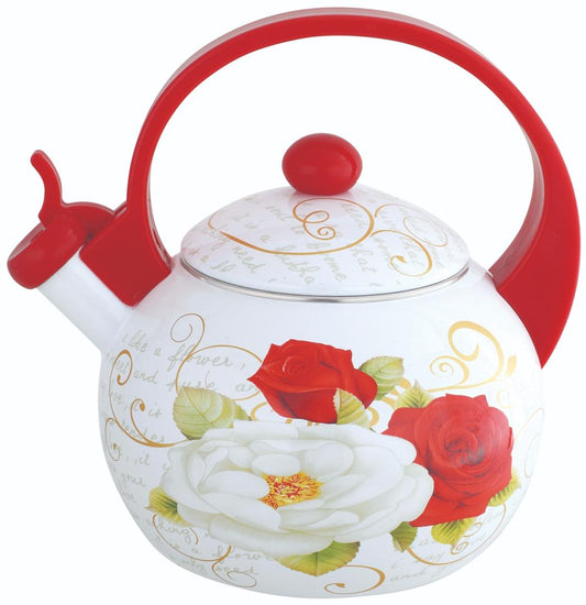 Whistling kettle, enameled steel, design—red and white roses, 2 liters, Kinghoff, KH-1910 - Carlat