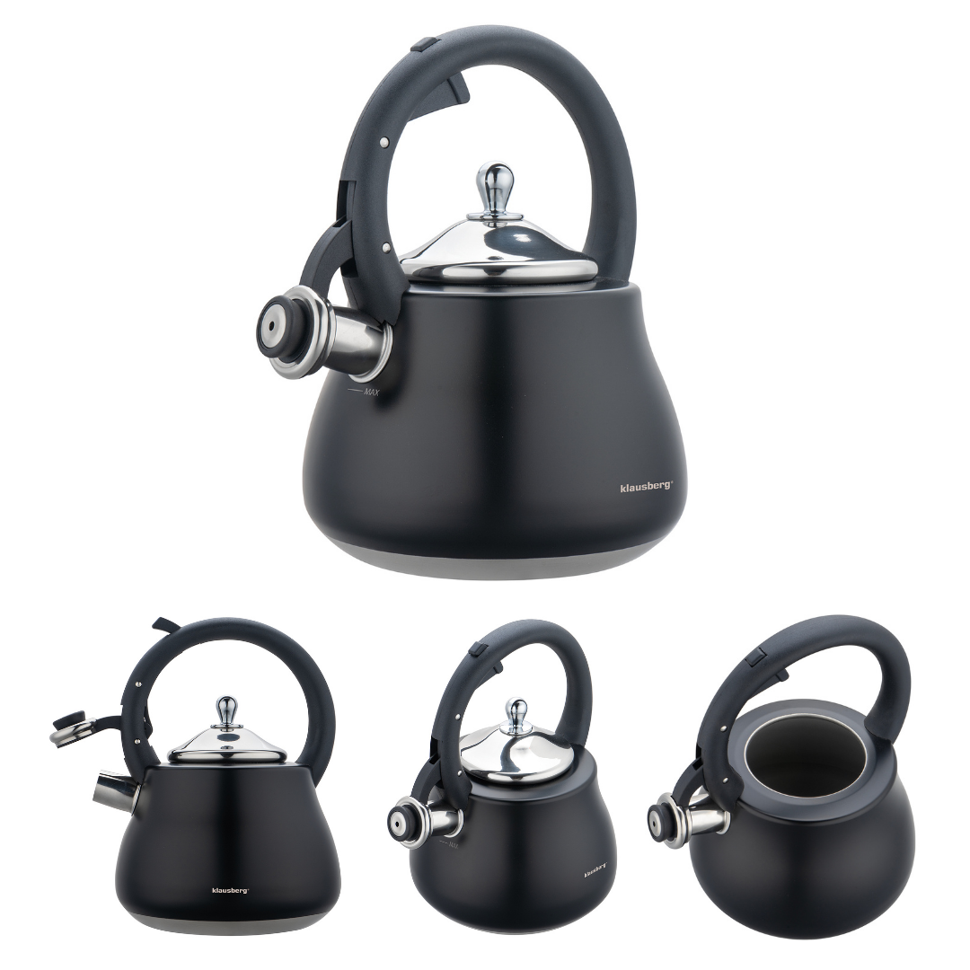 Whistling kettle, stainless steel, black with silver accents, 2.8 L, Klausberg, KB-7918 - Carlat