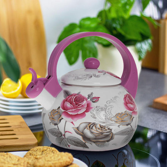 Whistling teapot, enameled steel, design—burgundy roses and gray, 2L, Kinghoff, KH-1911 - Carlat