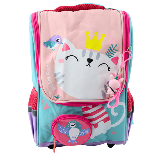 White Cat School Backpack with Bird Pouch and Keychain, 21L - Carlat