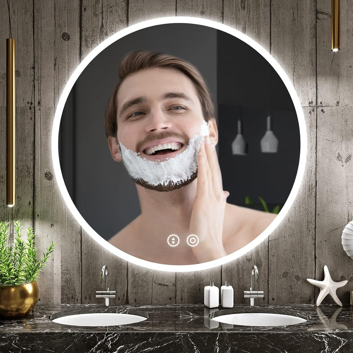 YOLEO Round LED Bathroom Mirror with Lighting – Wall-Mounted Vanity Mirror with Touch Sensor, Shatterproof Glass & 3 Dimmable Light Colors (6500K) - Carlat