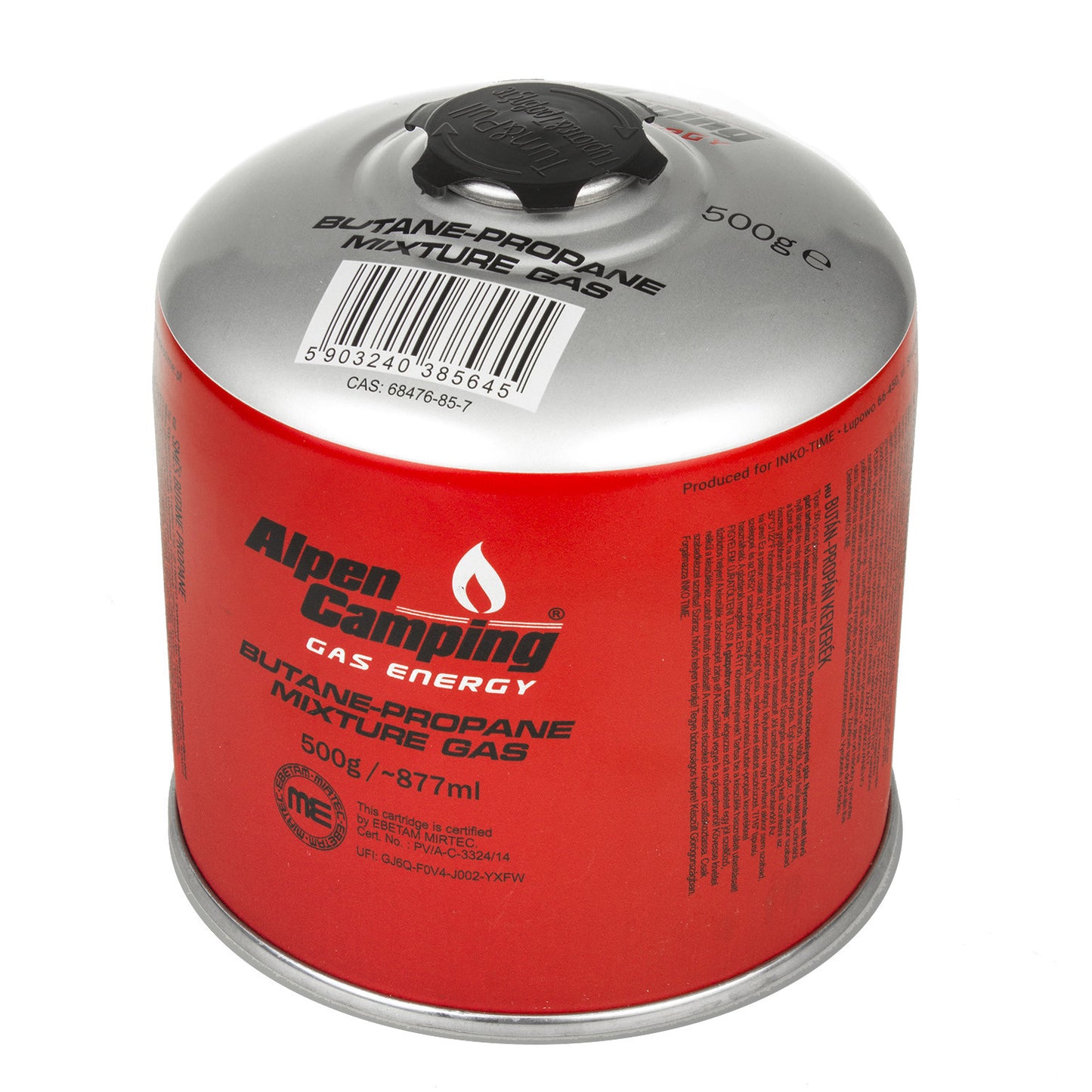 INKO-TIME 500g Alpen Camping gas cartridge. certificate: Pi 0437, compliant with EN417, propane-butane, range -10°C to + 40°C, threaded valve 7/ – image 4