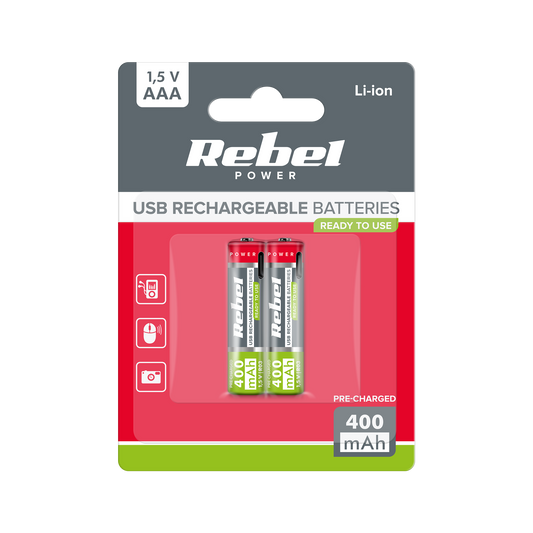 Rebel REBEL AAA Rechargeable Batteries, 400 mAh, Li-ion, 1.5V, 2 per pack, R3, Type-C connector