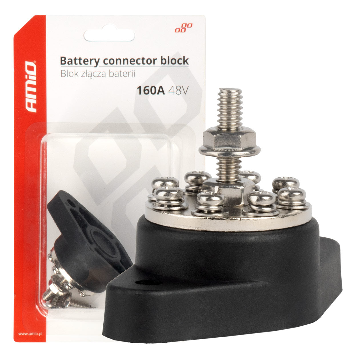 AMiO 8-way bus bar battery connector distribution block, max 48 V, 160 A, AMIO-03807
