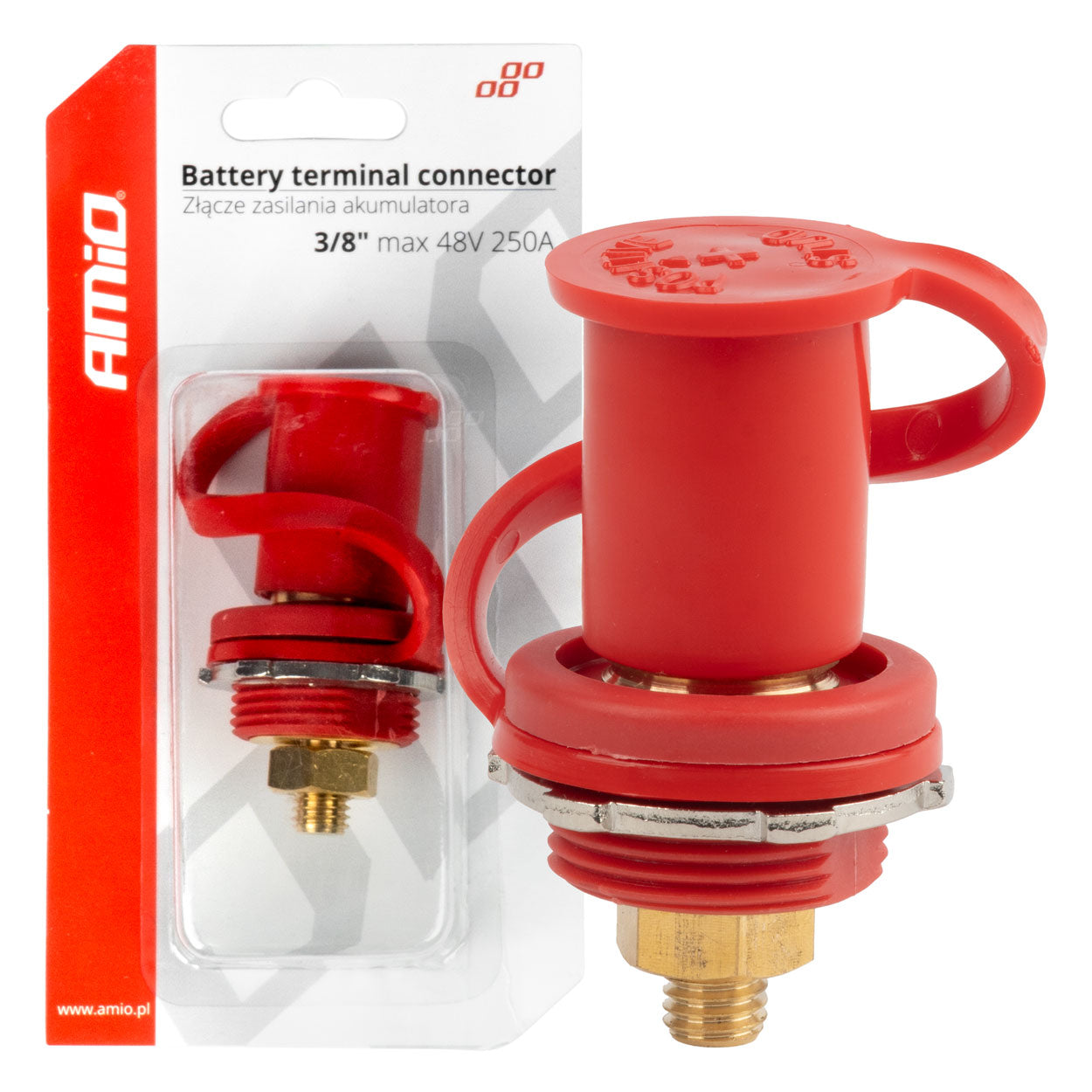 AMiO Red positive battery power connector with cap, 3/8 m10, 12V, 24V, 48V, 250A, AMIO-03814