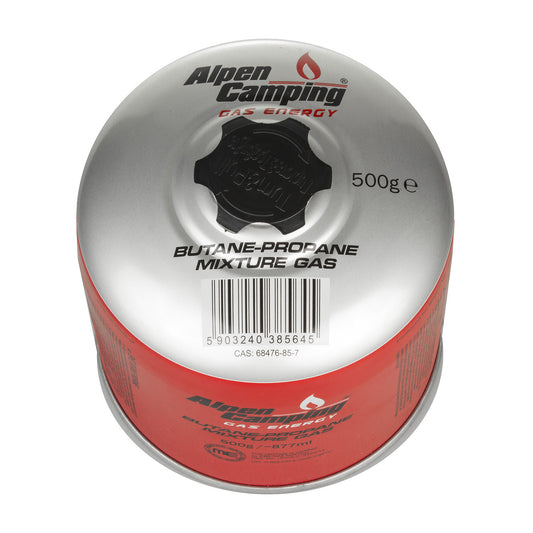 INKO-TIME 500g Alpen Camping gas cartridge. certificate: Pi 0437, compliant with EN417, propane-butane, range -10°C to + 40°C, threaded valve 7/