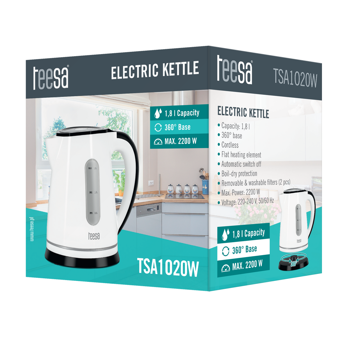 Teesa Electric kettles – TEESA Electric Kettle, 2200 W, White, 1.7 L – image 9