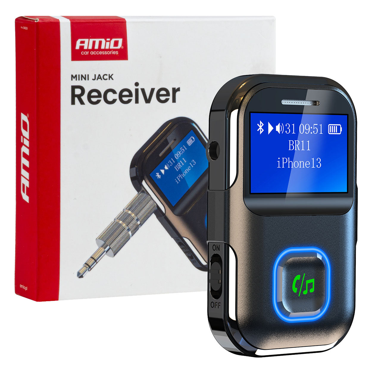 AMiO Bluetooth receiver with mini jack, LCD, and AUX – AMIO-04659