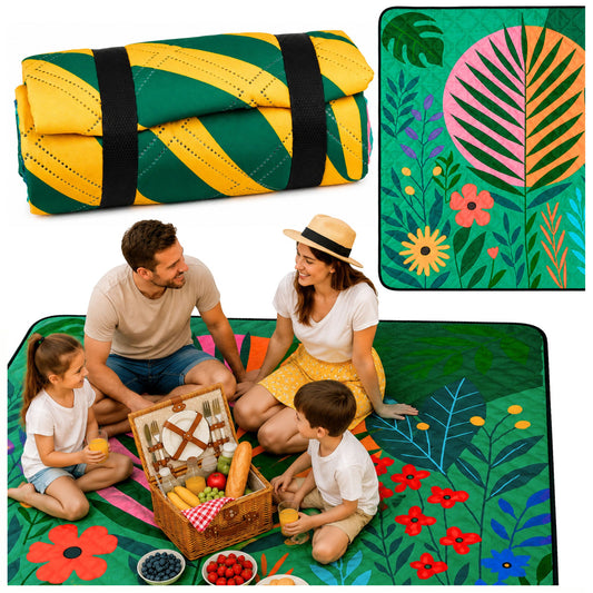 LEAN Colorful Beach, Picnic, and Travel Blanket with Plant Print, 100x150 cm