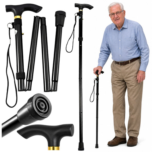 LEAN Folding, Adjustable, Aluminum Telescopic Walking Cane for Seniors, Black, 85–95 cm