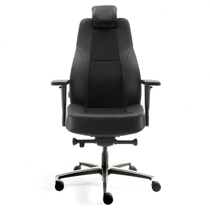 Black office chair with headrest on a white background