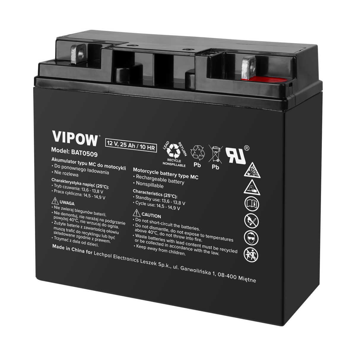 Vipow Gel batteries – VIPOW MC-Type Battery for Motorcycles, 12V 25Ah – image 2