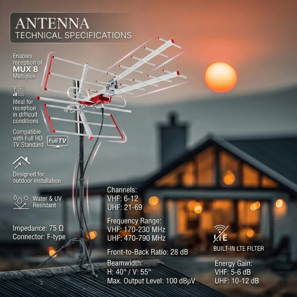 Maclean Maclean DVB-T/T2 HEVC TV Antenna, Passive, Outdoor Combo, LTE Filter, UHF/VHF max 100dBV, MCTV-855 – image 9