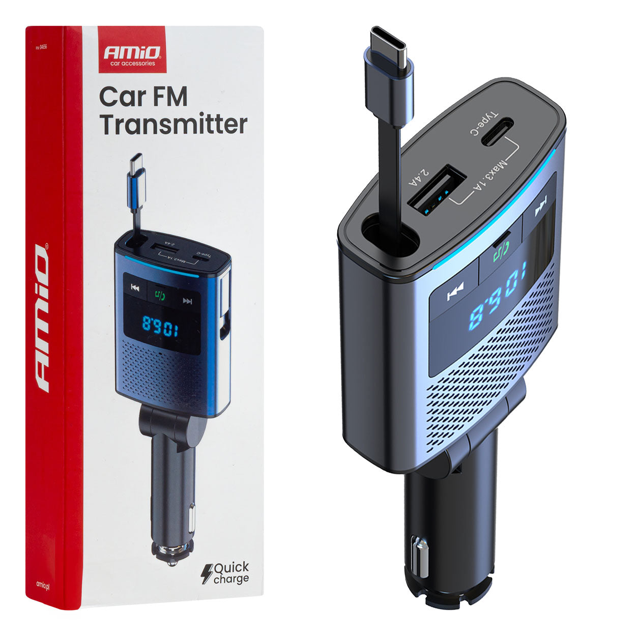 AMiO Transmitters – Car FM Transmitter, 1×USB-A, 1×USB-C, 12V/24V, AMIO-04656