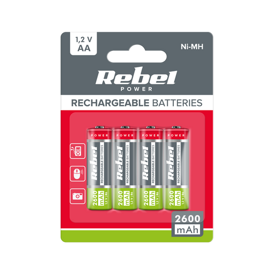 Rebel REBEL AA Rechargeable Batteries, 2600 mAh, Ni-MH, 1.2V, 4 per pack, R6