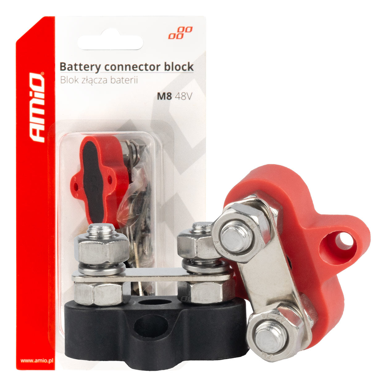 AMiO Dual-set bus bar battery connector distribution block, max 48V, M8, AMIO-03806
