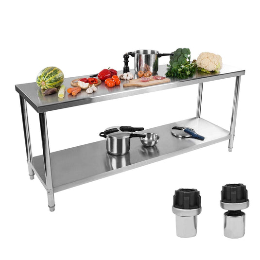 Royal Catering Tables – Central steel gastronomic worktop table with shelf 200x60cm