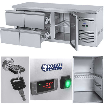 Royal Catering Refrigeration table with steel worktop 4 drawers from -2 to 10deg C 179cm