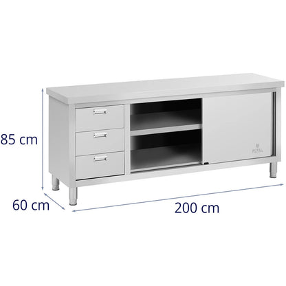 Royal Catering Central worktop table with sliding door cabinet and 3 drawers 200 x 60 x 85 cm – image 6
