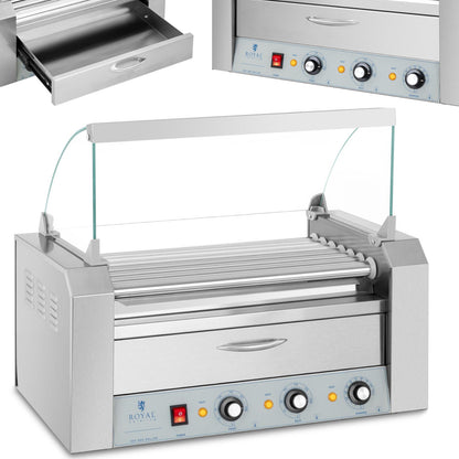 Royal Catering Heater roller grill for hot dog sausages with drawer and cover - 7 rolls