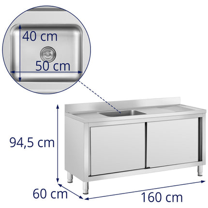 Royal Catering Single chamber gastronomy sink with sliding door cabinet 160 x 60 x 94.5 cm – image 8