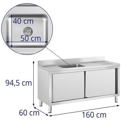 Royal Catering Single chamber gastronomy sink with sliding door cabinet 160 x 60 x 94.5 cm – image 8