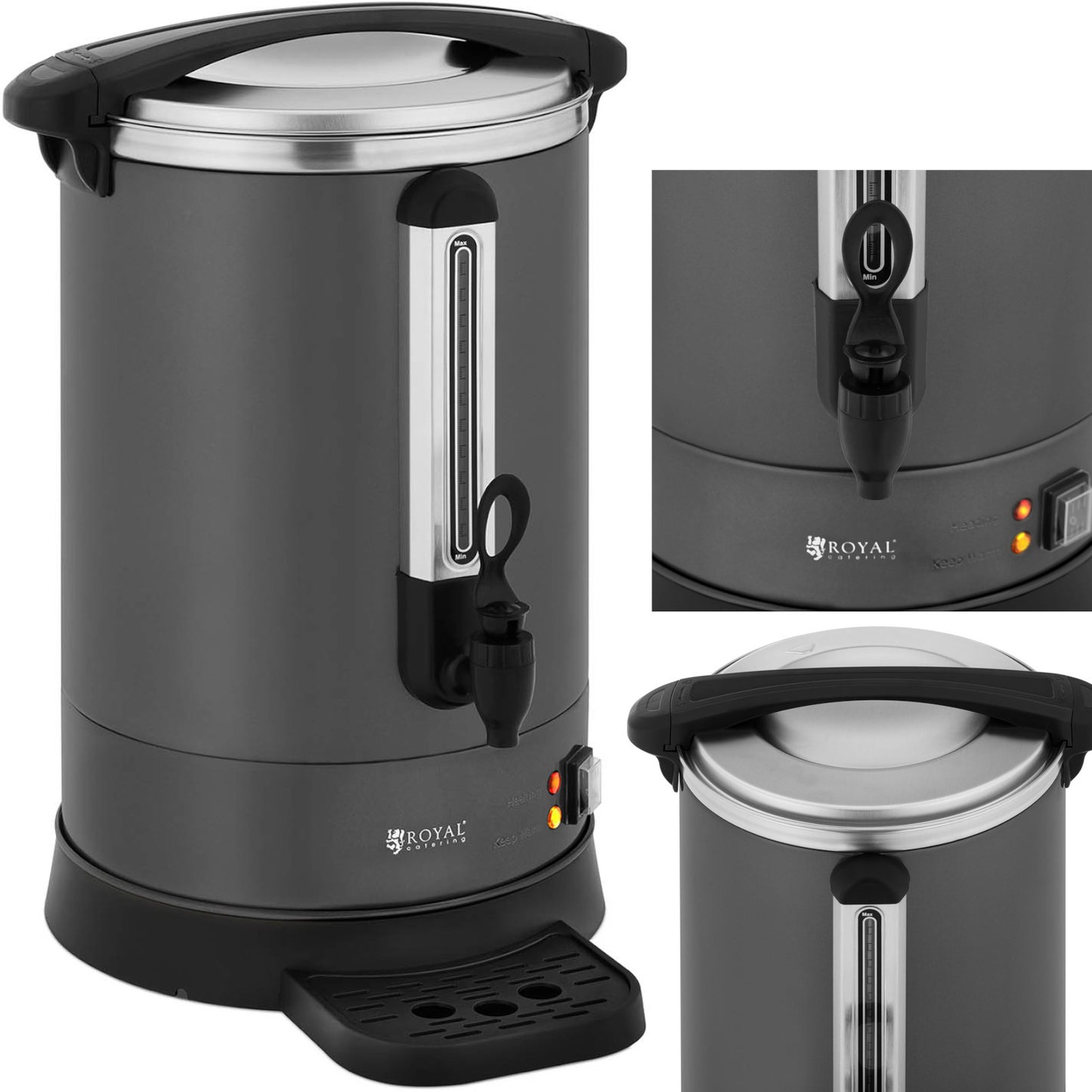 Royal Catering Tea maker with tap and drain tray 14 l 1400 W gray