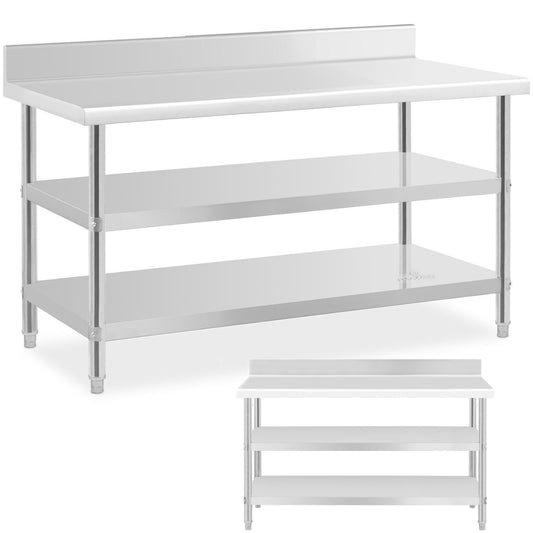 Royal Catering Table, stainless steel, wall-mounted worktop with edge, 2 shelves, 150x70cm