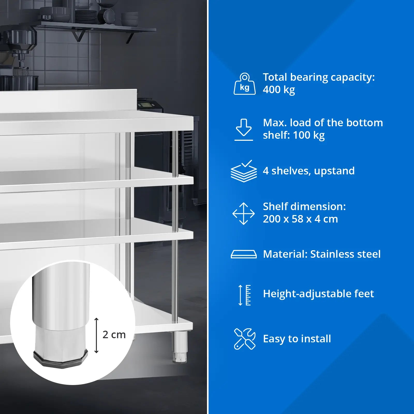 Royal Catering Gastronomy work bar table with edge, 4 shelves, STEEL 200 x 60 x 105 cm – image 3