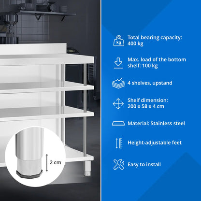 Royal Catering Gastronomy work bar table with edge, 4 shelves, STEEL 200 x 60 x 105 cm – image 3