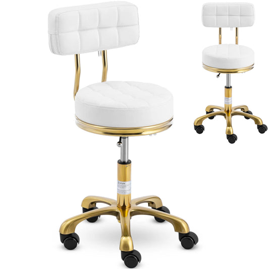 Physa Stool chair, cosmetic stool with backrest on wheels, up to 150 kg GELA, white and gold