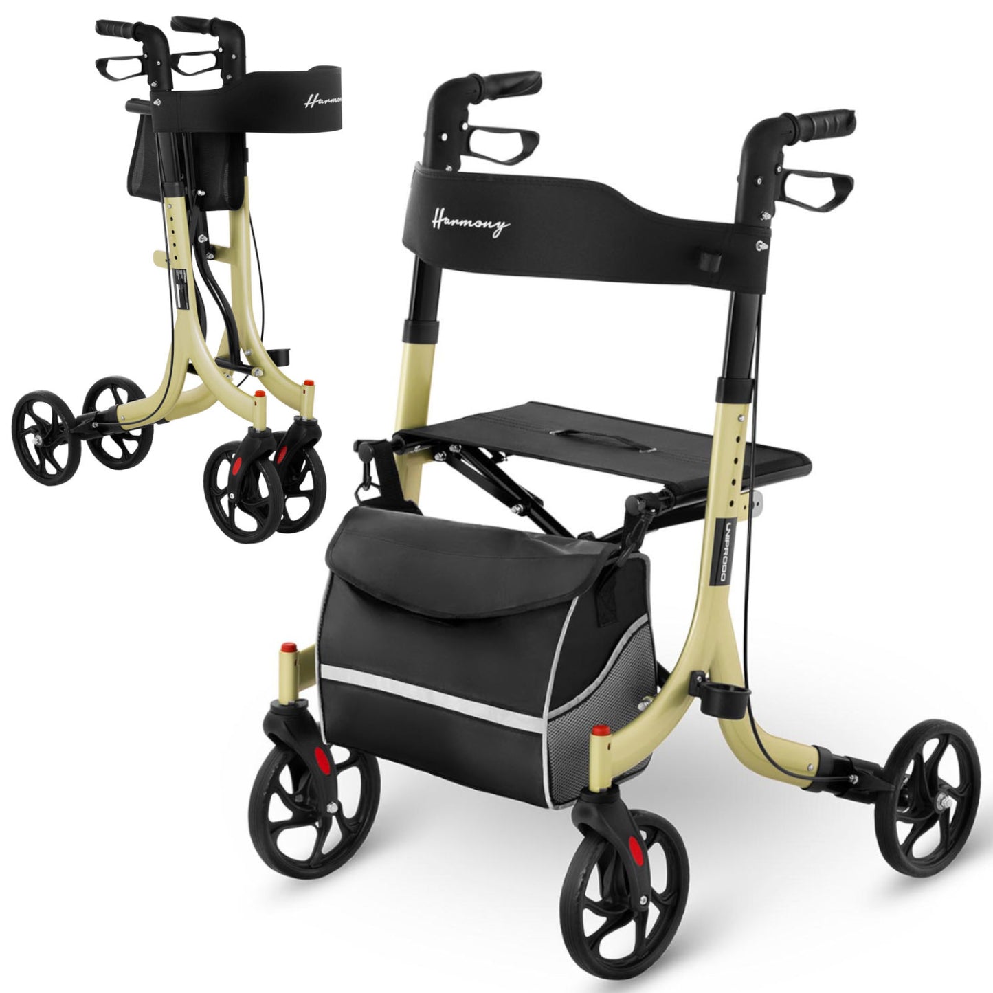 UNIPRODO Walker stand for senior with seat and bag for shopping up to 136kg - gold