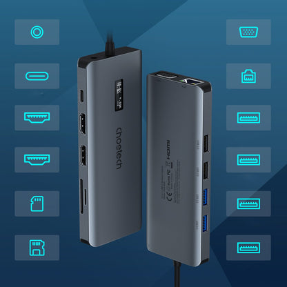 CHOETECH HUB multifunction adapter with USB-C USB-A VGA AUX SD TF 12w1 grey display – image 9