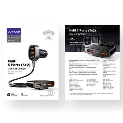 JOYROOM Fast car charger 5x USB 6.2A with extension black – image 5