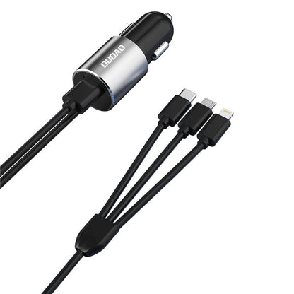 DUDAO 3in1 USB car charger + built-in Lightning USB-C micro USB cable, black – image 2