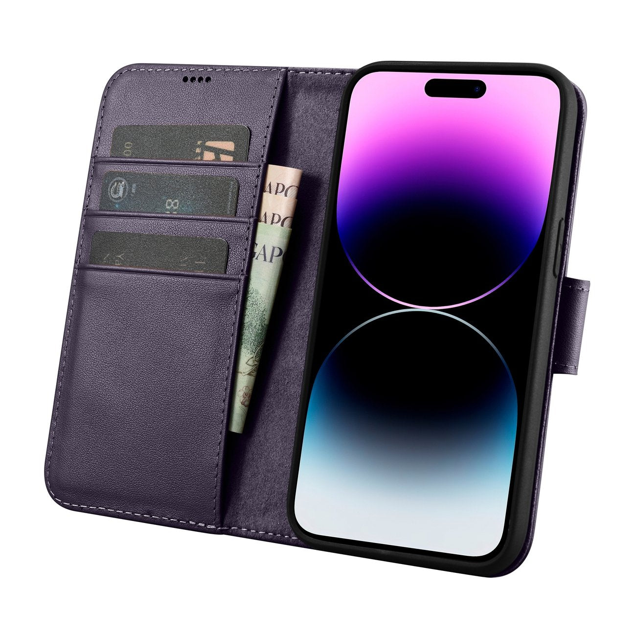 ICARER 2in1 Leather Flip Cover iPhone 14 Pro Anti-RFID Wallet Case Dark Purple