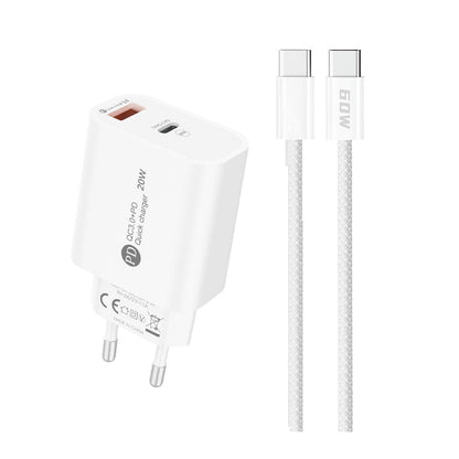 HURTEL 20W USB-A USB-C wall charger with 1m USB-C cable - white