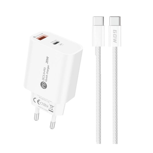HURTEL 20W USB-A USB-C wall charger with 1m USB-C cable - white