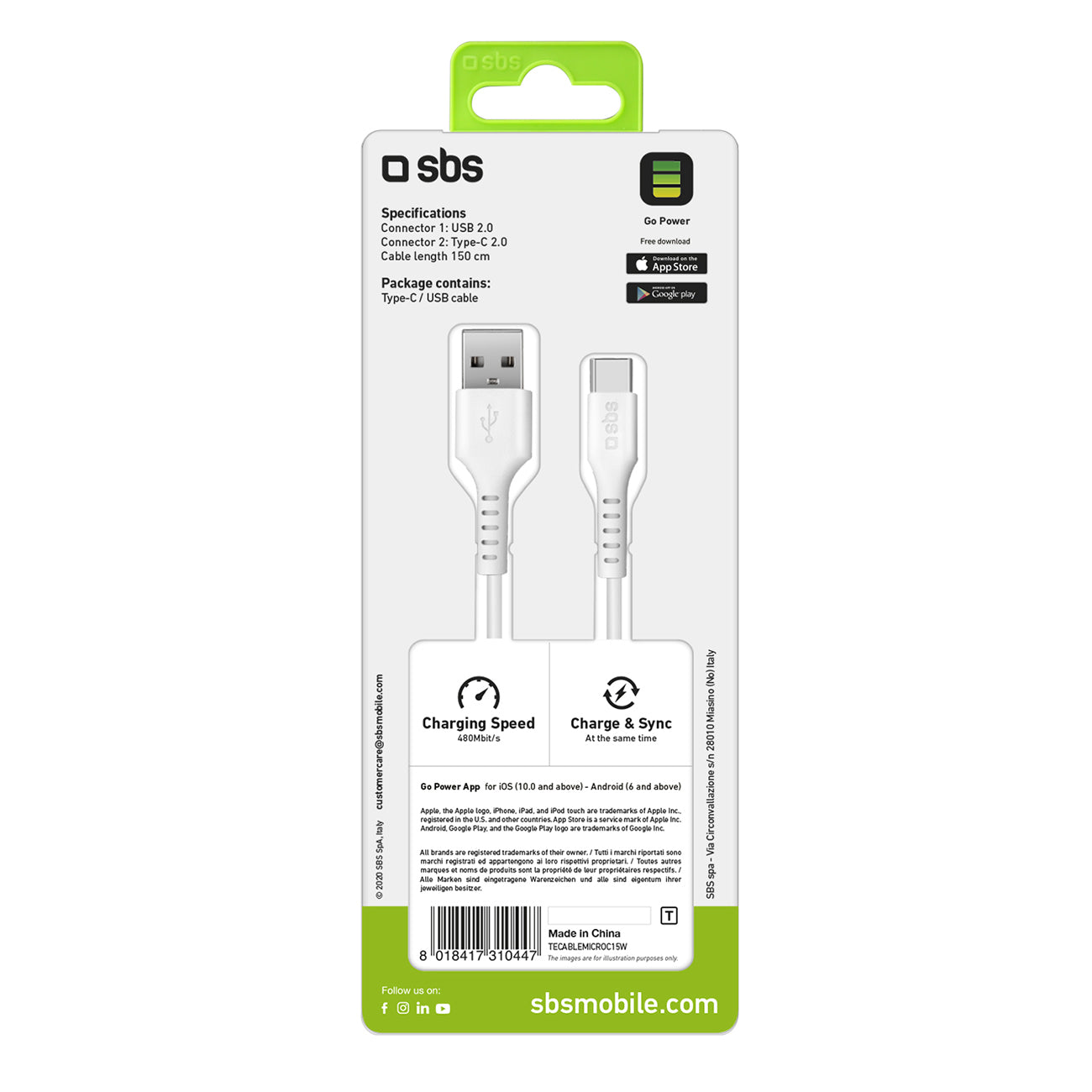 SBS USB-A - USB-C cable 1.5m - white – image 2