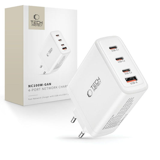 Tech-Protect GaN 3x USB-C PD USB-A QC 100W charger - white