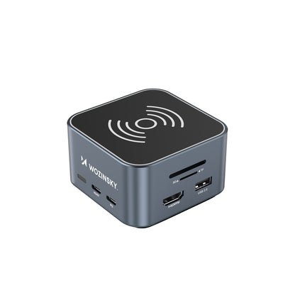 WOZINSKY 12in1 Hub with wireless charger USB-A USB-C HDMI RJ45 SD TF mini jack - gray