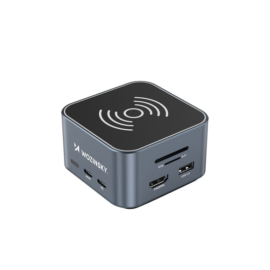 WOZINSKY 12in1 Hub with wireless charger USB-A USB-C HDMI RJ45 SD TF mini jack - gray
