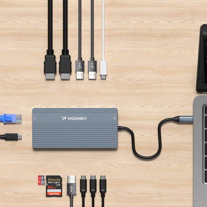 WOZINSKY 14in1 HUB for 3 monitors USB-A USB-C DisplayPort HDMI RJ45 SD TF mini jack - gray – image 4