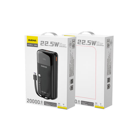DUDAO Powerbank 20000mAh 22.5W PD USB-C USB-A with built-in iPhone Lightning USB-C cables - black – image 2
