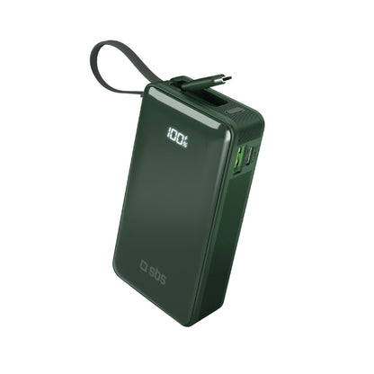 SBS Powerbank 10000mAh USB-A USB-C with built-in display, 20W USB-C cable - green